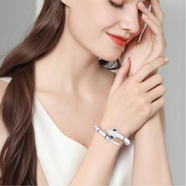 UJOY Tennis Bracelet 18K White Gold Plated Cubic Zirconia Classic 7.5 Inch UJOY Enamel Pattern Design Bangle Set, Mothers Day Presents Brass Bracelets for Women, Girls, Open Cuff Bracelet for Lady