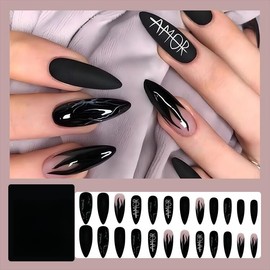 Pikabows Press on Nails Long Stiletto Amor Black Fake Nails Acrylic False Nail Tips Kit Glue on Nails for Women