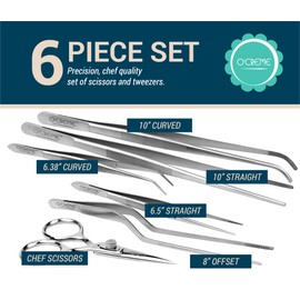 O'Creme Set of Culinary Tweezer Tongs Offset, Straight and Curved, Plus Super Sharp Chef Scissors, Total 6 Pieces (Silver)