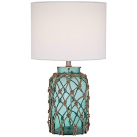 360 Lighting Crosby Coastal Natural Cottage Accent 3-Way Table Lamp with Table Top Dimmer 22.5" High Blue Green Glass Rope Netting Off White Fabric Drum Shade for Living Room Bedroom