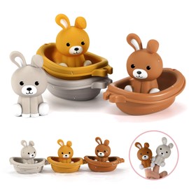 Nueplay Bathtub Toys for Toddlers 18M+，Baby Bath Toys with Animal Finger Puppets，Stackable Boat Train，Easter Bunny Gifts for Baby & Toddlers Set of 6