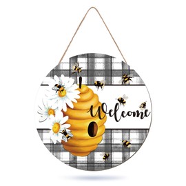 Whaline Bee Welcome Sign Front Door Decor Rustic Paid Daisy Wooden Hanging Sign for Spring Summer World Bee Day Home Office Coffee Shop Farmhouse Window
