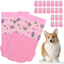 20PCS Dog Shoes,Double Layer Breathable Dog Shoes,Dog Paw Protector,Dog Booties to Prevent Licking,Disposable Dog Booties for Hot Pavement with Adjustable Double Bandages.Pink(Purple grape pattern, L)