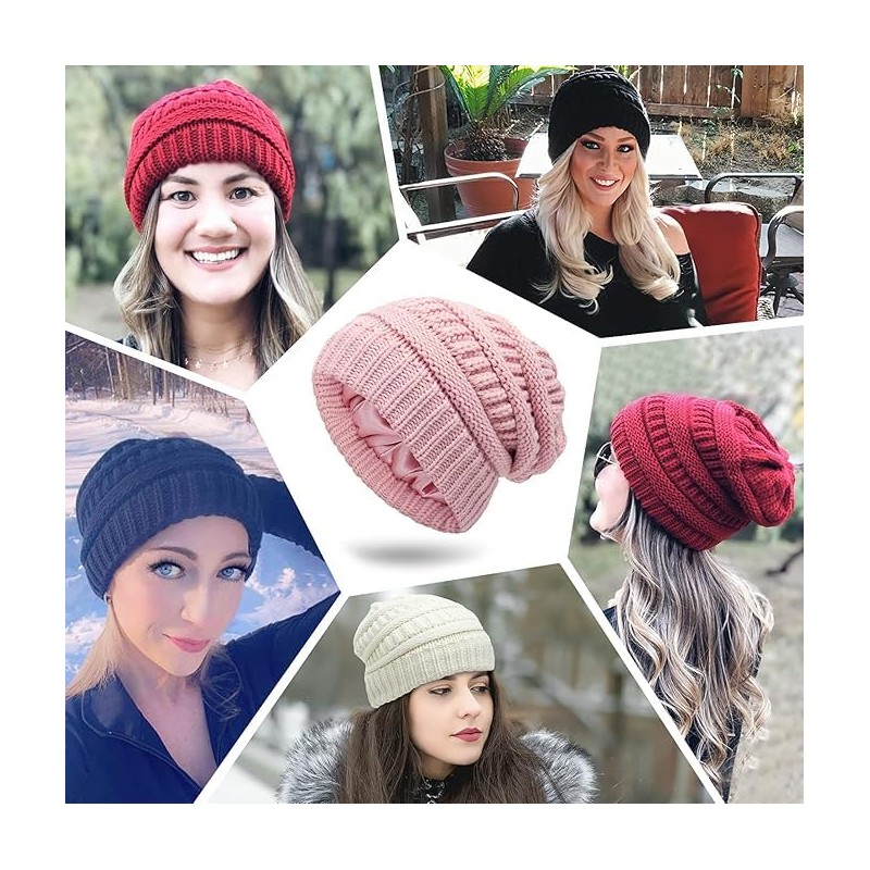 Womens Winter Warm Knitted Hat Satin Silk Lined Knit Chunky