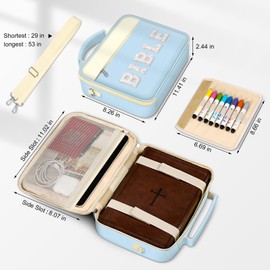 FINPAC Large Bible Cover w/Shoulder Strap, Carrying Book Case Church Bag Bible Protective w/Pen Slots and Zippered Pocket, Gift for Women Lady, Letter Blue
