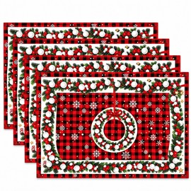 Christmas Trees Placemats Set of 4, 12x18 Inch Grid Christmas Placemats for Outdoor Home Party Kitchen Dining Decor