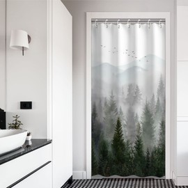 RosieLily Stall Shower Curtain, 36"x72" Inches, Misty Forest Mountain Tree Shower Curtain, Rainforest Nature Pattern
