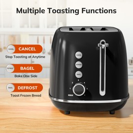 2 Slice Toaster Retro Stainless Steel Toaster with Bagel, Cancel, Defrost Function and 6 Bread Shade Settings Bread Toaster, Extra Wide Slot and Removable Crumb Tray (Black)