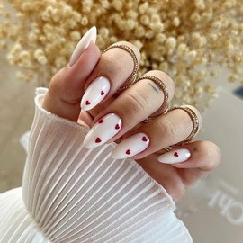 24Pcs Almond Press on Nails Medium Valentines Fake Nails Red Heart Full Cover Design Artificial Acrylic Nails Milky White False Nails Red Heart Glue on Nail for Women Valentines Nail Gift