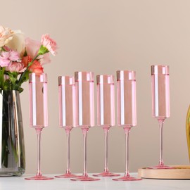 Physkoa Pink Champagne Fluts(6Pack)-Glass Champagne Glass with Pink Color,LeadFree Crystal Champagne Glasses for Wedding,Engagement,Bridal Shower Party