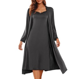 Ekouaer Women's Sexy Nightgown with Robes Set 2 Piece Lace Full Length Knit Soft Nightwear Lightweight Bathrobes Dark Gray L