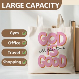 Yhtrg Pink Christian Tote Bag, God Is Good All The Time Pink Jesus Bible Verse Shoulder Canvas Tote Bags for Women, Religious Christian Gifts for Women, Reusable Grocery Shopping Bags