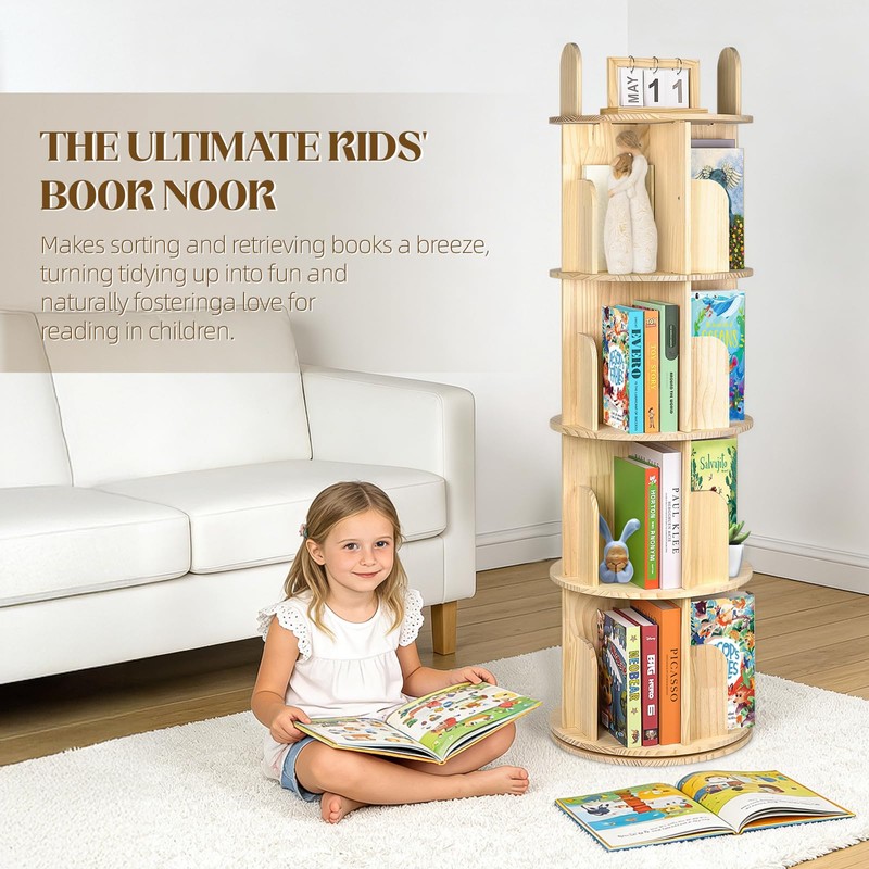 Kryonix Rotating Bookshelf for Kids, Solid Pine Wood Spinning Bookshelf