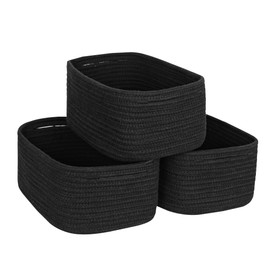 MEGASKET Small Shelf Storage Baskets for Organizing, 3 Pack Mini Woven Storage Bins for Dog Toy, Book, Decorative Cotton Rope Nursery Closet Organizer, Gift Baskets Empty, 11.8"x7.9"x4.7", Black