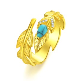 Ynnee Turquoise Feather Ring 925 Sterling Silver Vintage Wide Feather Rings Adjustable Feather Ring Western Jewelry Gifts for Women Men Open Ring Size 8(14k Gold Plating)