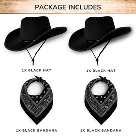 Cowboy Hats Pack of 2 Unisex Felt Western (2X Black Hat & 2X Black Bandanas) Texas Texan Costume Accessories for Men, Women, Adults Wild West Fancy Dress Party