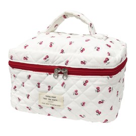 Cute Pink Cherry Quilted Makeup Bag, Large Capacity Travel Cosmetic Bag for Women and Girls, Aesthetic Storage for Daily and Travel Use,or for travel toiletry bag