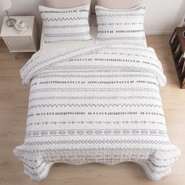 DURLENGEN White Quilt Set Queen Size 3Pcs,Bohemian Design with White & Black Geometric Pattern Printed on White, All Season Lightweight Coverlet Sets(Queen 90x96,Boho White)