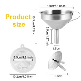 TopBine Stainless Steel Kitchen Funnel Set,5-Inch Funnel with Fine Mesh Strainer 200 Mesh Food Filter Strainer,Kitchen Funnel for Transferring of Liquid, Oils, Jam, Dry Ingredients