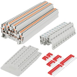 Saysurey DIN Rail Terminal Block Twin Spring Terminal Connectors Push in Type PT Screwless Wire Wiring Connector with 10 Covers 10 End Stops 6 Jumpers (ST2-2.5/2-2, 56 Pcs)