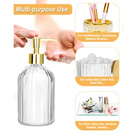 Gold Bathroom Accessories Set, 4Pcs Clear Glass Bathroom Accessory Sets Complete of Soap Dispenser, Toothbrush Holder, Apothecary Jar(Qtip Holder), Vanity Tray, Modern Home Decor Housewarming Gifts