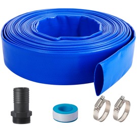 Geowaky 1-1/2" (Flat 2.6’’ width) x 100 FT Pool Backwash Hose Kit with Male NPT Adapter, Blue Reinforced Pool Drain Discharge Hose for Swimming Pool Filter Pump,with 2 Clamp and Thread Seal Tape