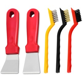JXPXJMY 5PCS Cleaning Tool Set Including 2 Scrapers and 3 Brushes, Stainless Steel Multifunctional Scraper with Sharpening Stone for Stove Cookware Oven Floor Drain Refrigerator (Red)