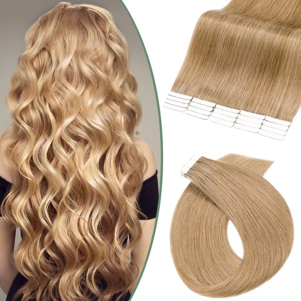 S-noilite Tape-In Real Hair Extensions, Thin, 30 g per Pack, Remy Extensions, Dark Blonde #27, 20 Pieces (45 cm)