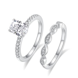 JEYHLOPX Oval Cut Moissanite Gemstone Engagement Ring Set For Women 18K White Gold Plated 925 Sterling Silver Twisted Rope Wedding Gene Shape Ring For Her(S7)