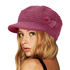 CheChury Women Knit Baker Boy Hats Winter Fleece Lined Beanie Knitted Peaked Beret Thermal Cap Newsboy Warm Ski Visor Hat,Rose