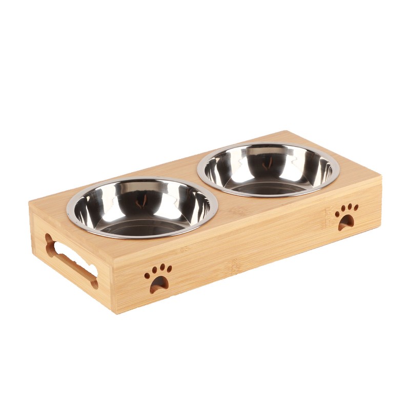 Bamboo Pet Double Bowl Cartoon Prevent Slipping Easy to Clean