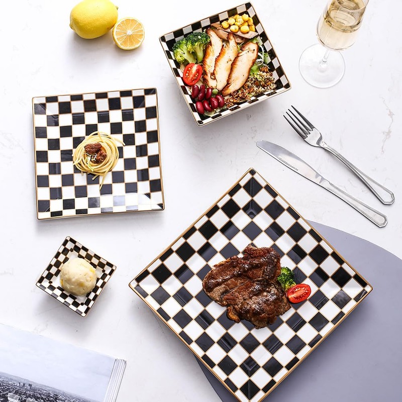Porlien Checker Porcelain Square Dinnerware Set for 4, Dishes Set