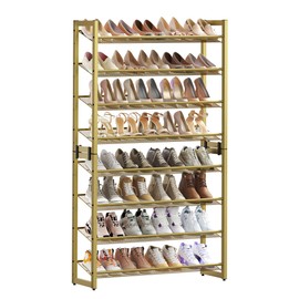 SONGMICS Shoe Rack, 8-Tier Shoe Organizer, Metal Rack for Garage, Set of 2, 4-Tier Stackable Shelf, with Adjustable Flat or Angled Shelves, 32-40 Pairs, Pale Gold ULMR08A02