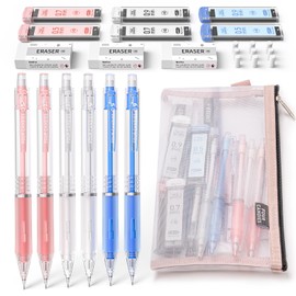 Four Candies Mechanical Pencil Set with Case, 6PCS Aesthetic Mechanical Pencils 0.5 & 0.7 & 0.9mm with 360PCS HB Lead Refills, 3PCS Erasers, 9PCS Eraser Refills for writing, drawing and sketching