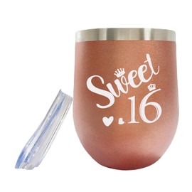 AIQIUQIU 16th Birthday Tumbler, Sweet 16th Funny Ideas Birthday Gifts for Girls, Sister, Friends, Daughter, 12oz Vacuum Insulated Wine Tumbler Coffee Cup with Leak Proof Lid, Rose Gold