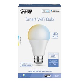 Feit Electric A19 Smart LED Light Bulb, 60W Equivalent, Tunable White, Alexa & Google Home Compatible, 2.4 GHz Wi-Fi, 90+ CRI, Non-Dimmable, 800 Lumens, 25,000-Hour Lifetime, OM60/CCT/CA/AG