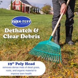 FARM-TUFF 19” Leaf & Garden Rake with 48” Hardwood Handle – Wide, Durable Rake for Lawns, Flower Beds, and Yard Cleanup
