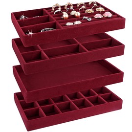 LWAIX Jewellery Storage Drawer Jewellery Trays Jewellery Organiser Drawers for Jewellery Drawer Insert Storage Organiser System Earrings Bracelet Rings 4 Pieces (Red)