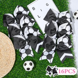16PCS Soccer Bows for Girls 8'' Large Cheer Hair Bows with Elastic Band Soccer Hair Bows for Teen Girls Cheerleading Ponytail Holder for Football Game, White Black