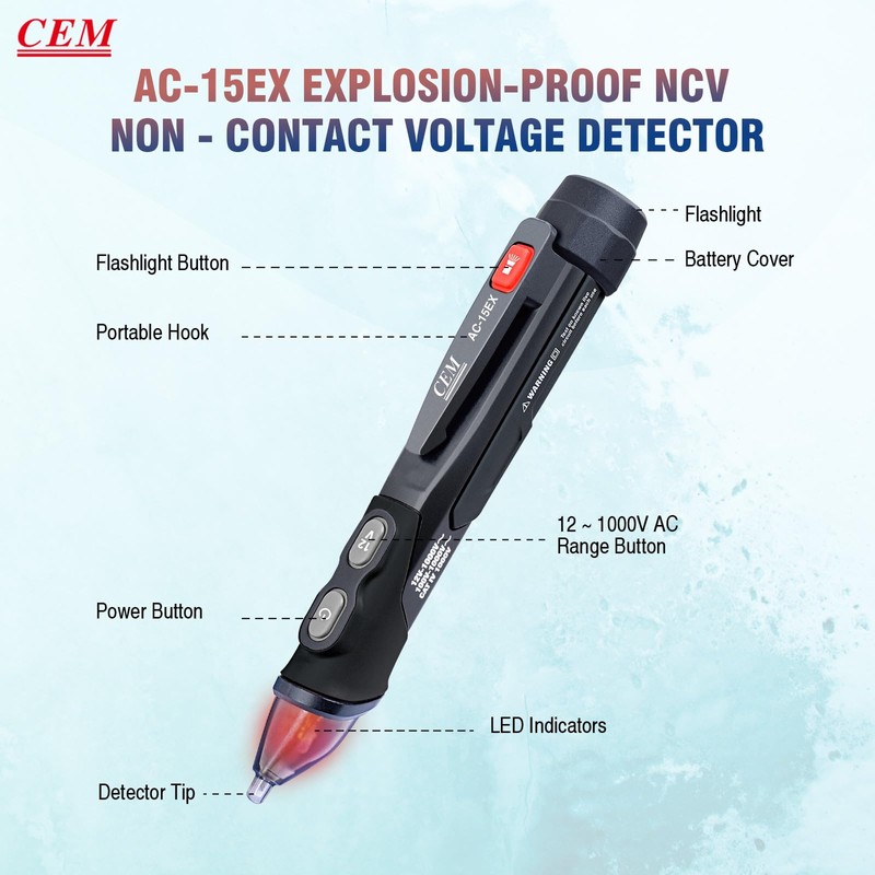 CEM AC-15EX Voltage Tester with Dual Range 12V-1000V/100V-1000V, Non-Contact Explosion-Proof