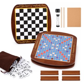 Deluxe Wooden Word Board Game, Extra Large 20" x 20" Crossword Game Set with Dust Cover, Built-in Storage Drawer & Felt Playing Surface