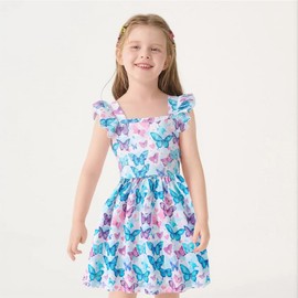 Toddler Girls Summer Dresses Butterfly Ruffle Strap Sleeveless Party Dress Casual Beach Swing Sundress 5-6 Years