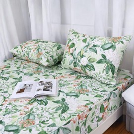 Helthep Twin XL Green Floral Sheet Set, 100% Cotton Pink Flower Printed Sheets College Sheets Botanical Shabby White Floral Sheet with 17.5" Deep Pocket, Crispy Percale Bedding Set for Dorm Room