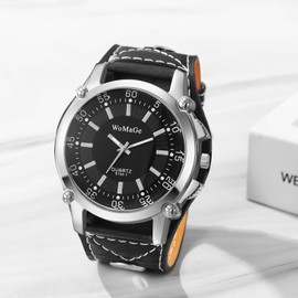 JewelryWe Men's Watch Analogue Quartz Date Calendar Punk Military Watch Men's 30 m Waterproof Military Sports Watch with Genuine Leather Strap, 1-Black, Strap.