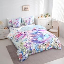 Feelyou Boys Girls Cute Axolotl Comforter Set with Sheets Queen Size, Ocean Sealife 7 Pieces Bedding Sets Kids Kawaii Bed in A Bag Cartoon Salamander Bed Set