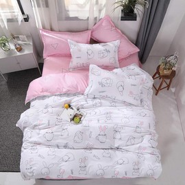 choicehot Duvet Cover Bedding Set Double - Rabbit Pink Duvet Cover Hares Cartoon Pattern Kids Quilt Cover for Girl, Breathable, Soft