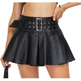 Kisidoo Y2K Mini Skirt Buckle Belted High Waisted Pleated Flare PU Faux Leather Short Goth Skirts for Women Black
