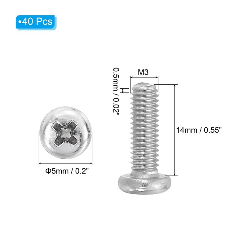 PATIKIL Phillips Pan Head Screws, 40 Pack M3-0.5 x 14mm