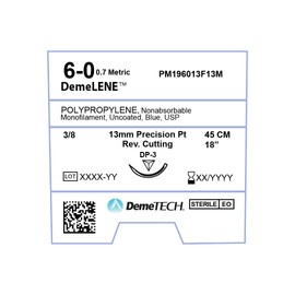 DEMETECH DemeLENE Synthetic Non-Absorbable Polypropylene Suture, DP-3, 13mm, 3/8 Circle, Precision Point Reverse Cutting Needle, USP Size 6-0, 18 inches, (45cm), Blue