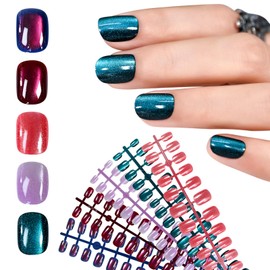Cat Eye Press on Nails Short 5 Styles, Coolnail 132Pcs Salon-Like Fake Nails with Glitter Galaxy Chasing Light Cat Eye Designs, Xmas Artificial Acrylic Nails Gel Glue on Stick on Nails for Women